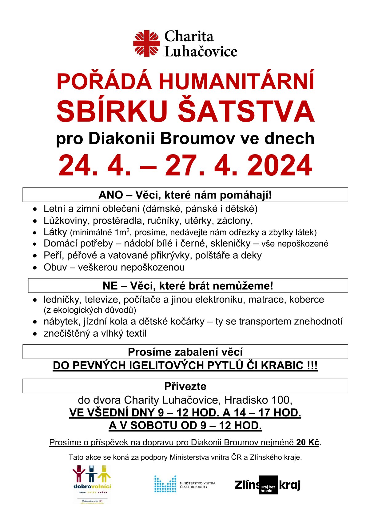 Charita Luhačovice pořádá humanitární sbírku šatstva pro Diakonii Broumov ve dnech 24. 4. – 27. 4. 2024