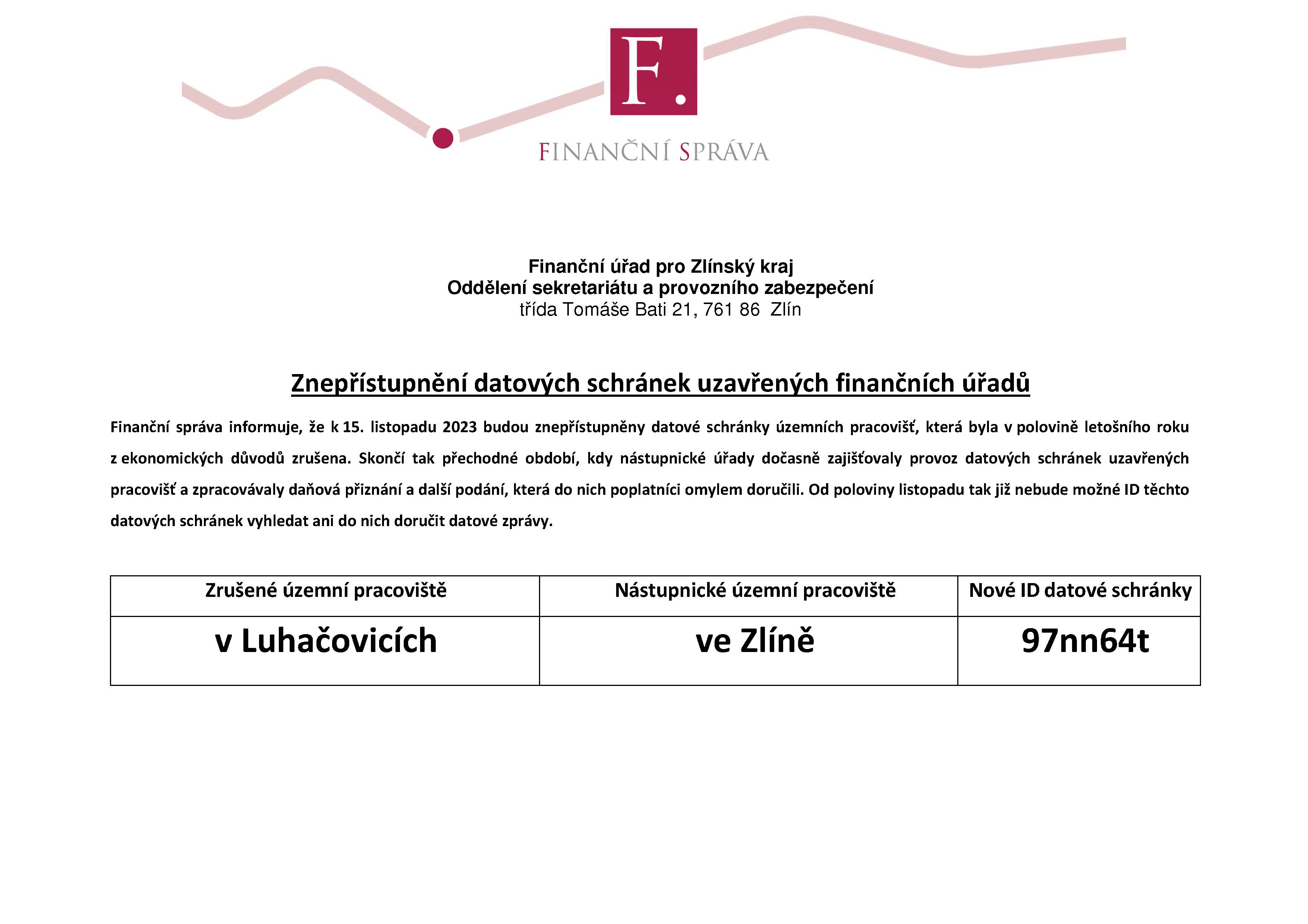 Znepřístupnění datových schránek uzavřených finančních úřadů