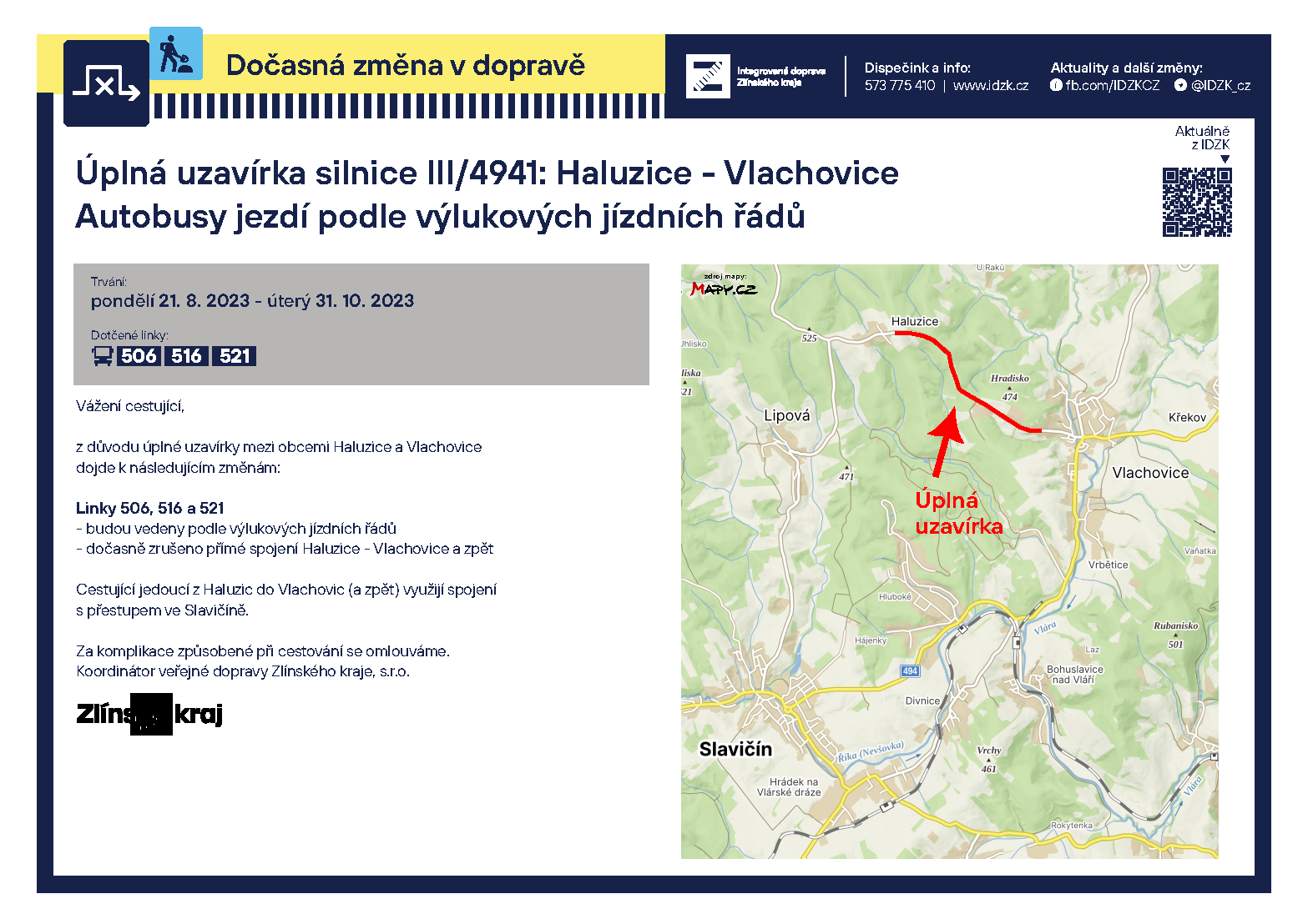 Úplná uzavírka silnice III/4941: Haluzice – Vlachovice (pondělí 21. 8. 2023 - úterý 31. 10. 2023)