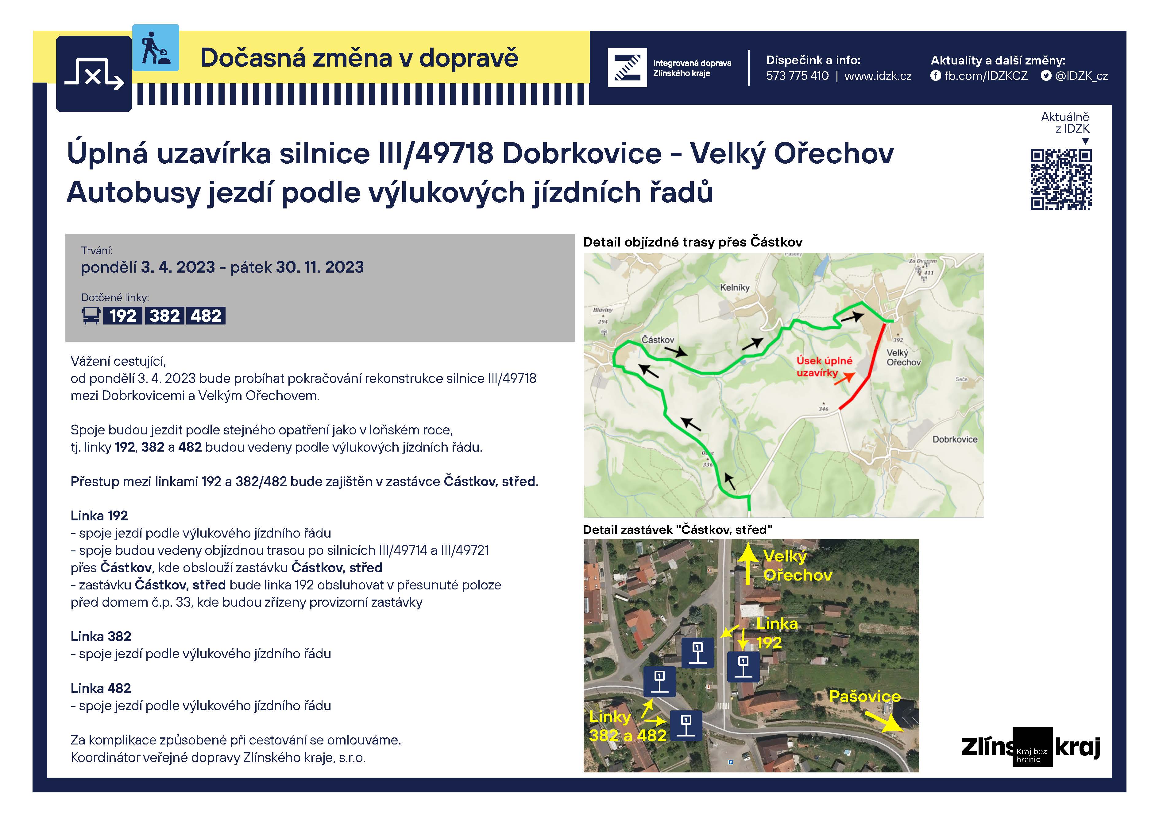 Uzavírka Velký Ořechov – termín od pondělí 3. 4. 2023 do pátku 30. 11. 2023.