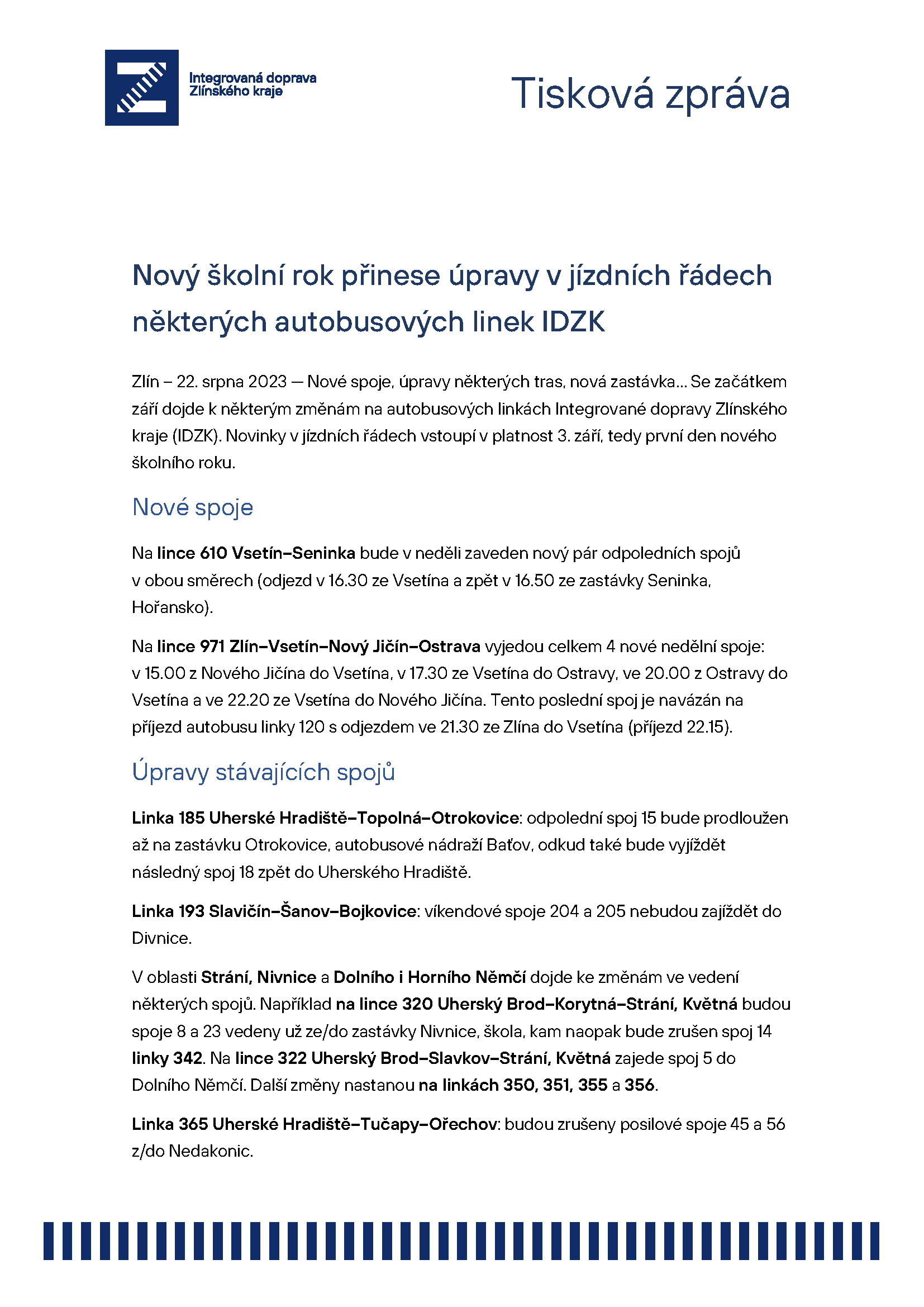 Nový školní rok přinese úpravy v jízdních řádech některých autobusových linek IDZK