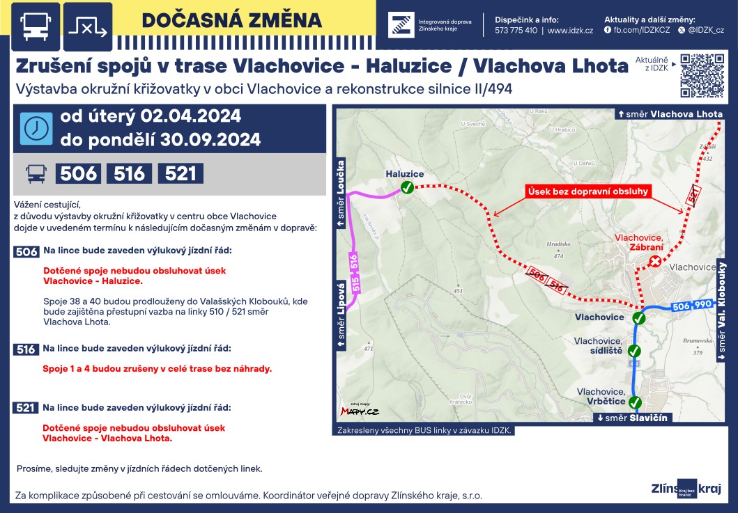 Zrušení spojů v trase Vlachovice – Haluzice/Vlachova Lhota od 02.04–30.09.2024