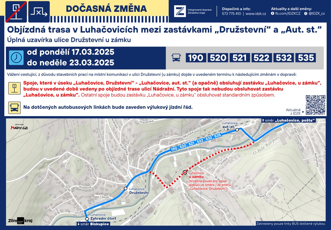 DOČASNÁ ZMĚNA V DOPRAVĚ - ÚPLNÁ UZAVÍRKA ULICE DRUŽSTEVNÍ U ZÁMKU - OD 17. DO 23.03.2025