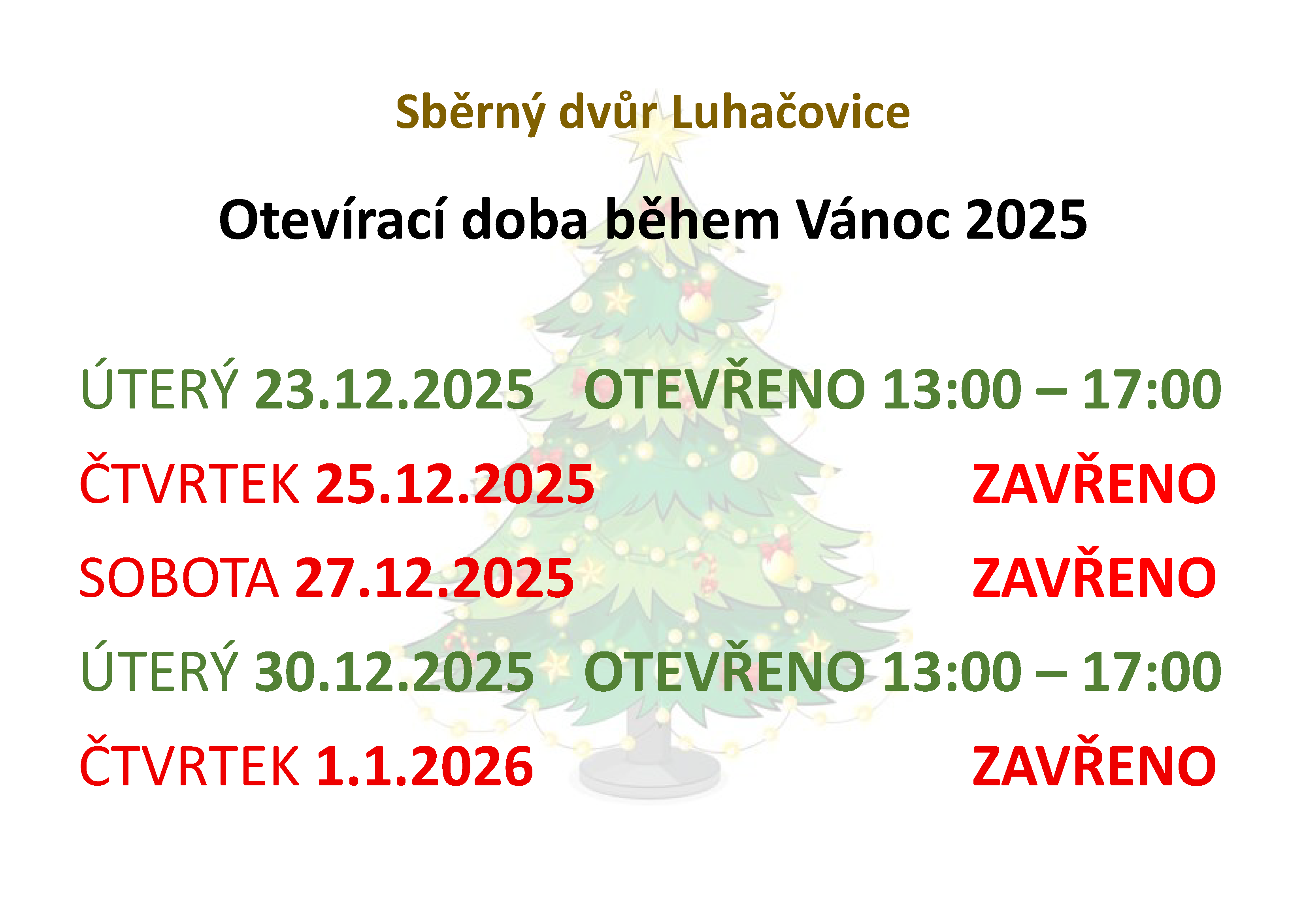 Sběrný dvůr Luhačovice – otevírací doba během Vánoc 2025 Sběrný dvůr Luhačovice – otevírací doba během Vánoc 2025
