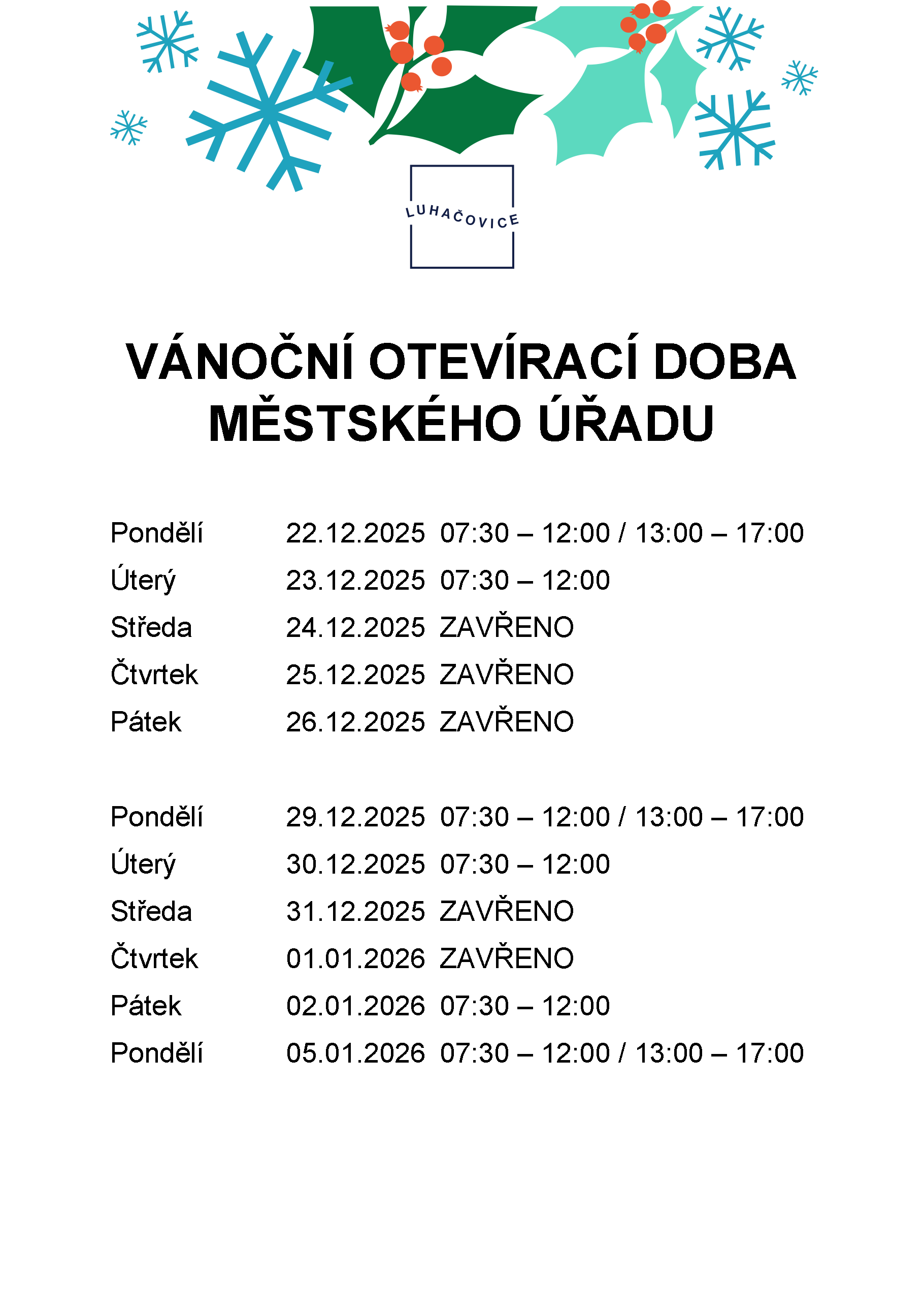 Vánoční otvírací doba Městského úřadu Luhačovice