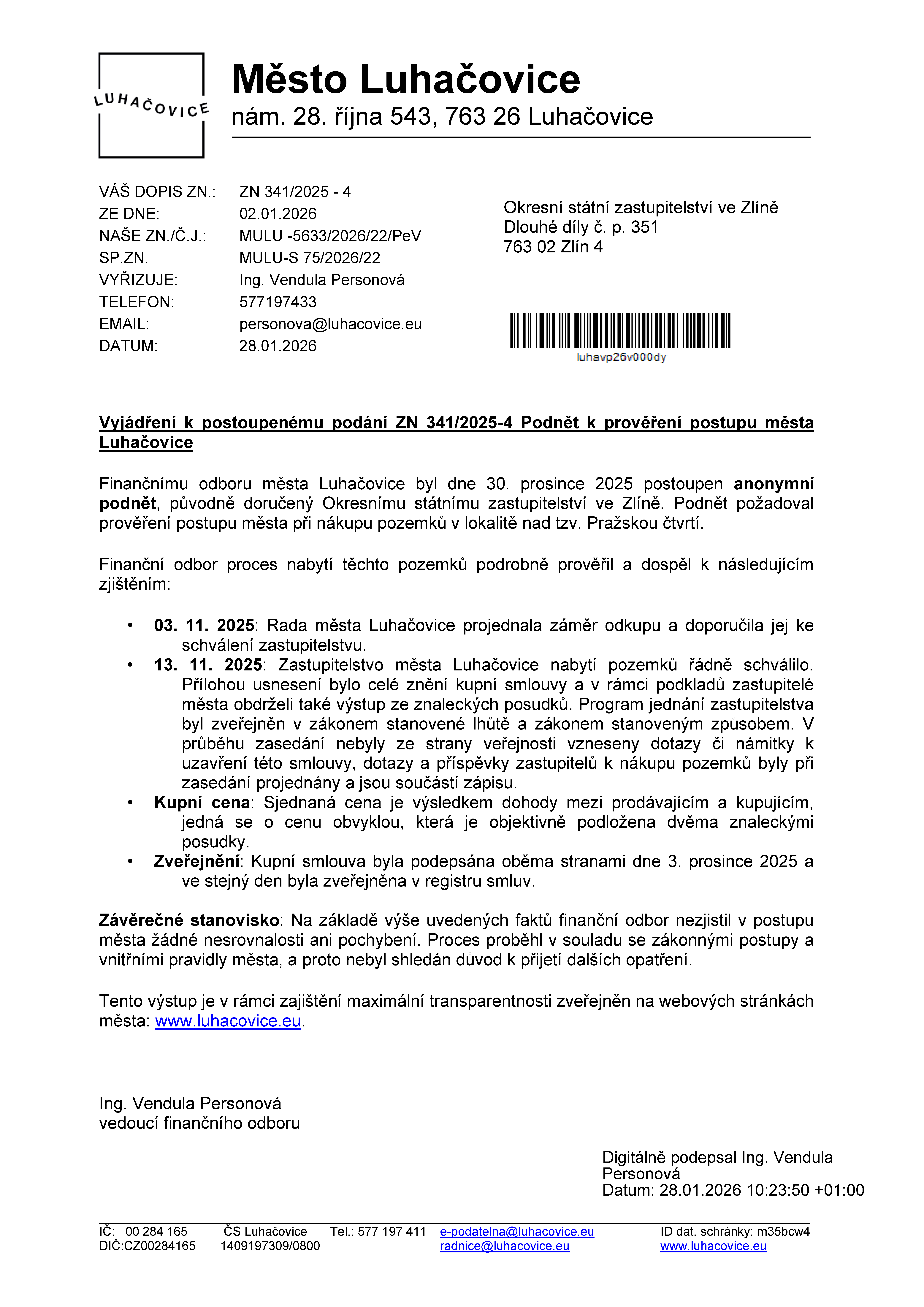 Vyjádření k postoupenému podání ZN 341/2025-4